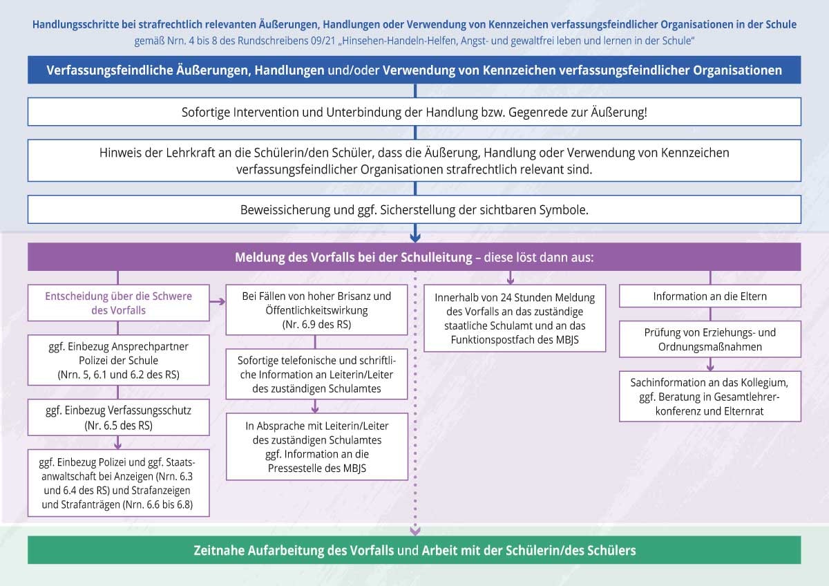 Grafische Darstellung der Handlungsanweisung bei strafrechtlich relevanten Äußerungen, Handlungen oder Verwendung von Kennzeichen verfassungsfeindlicher Organisationen in der Schule - Transkription der Grafik siehe Link in der Bildbeschreibung